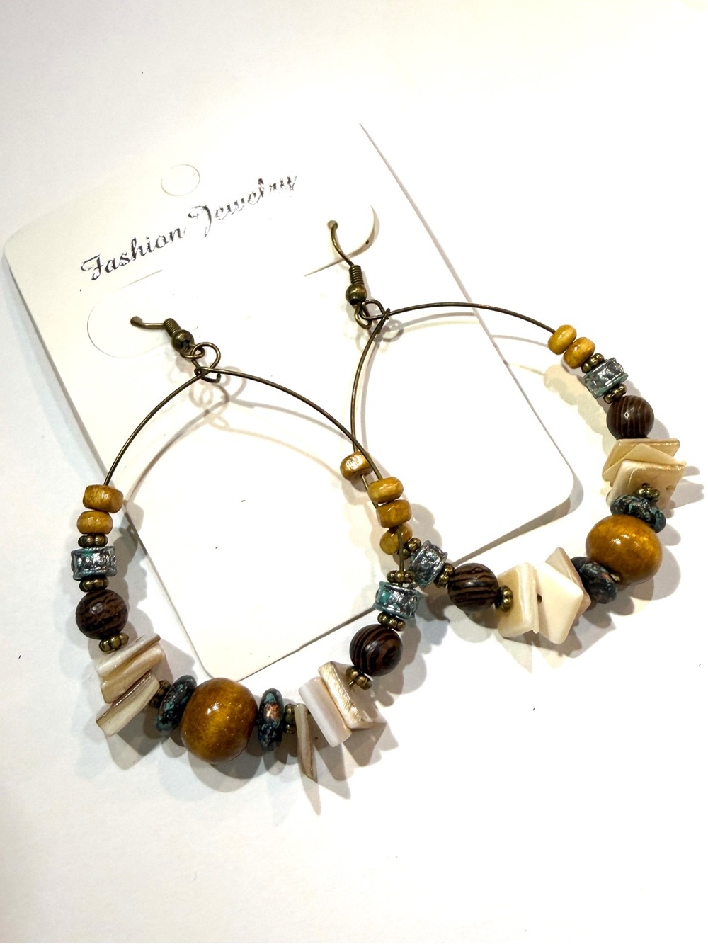 Fashion Jewelry Cream, Brown and Mustard Beaded Hoop Earrings